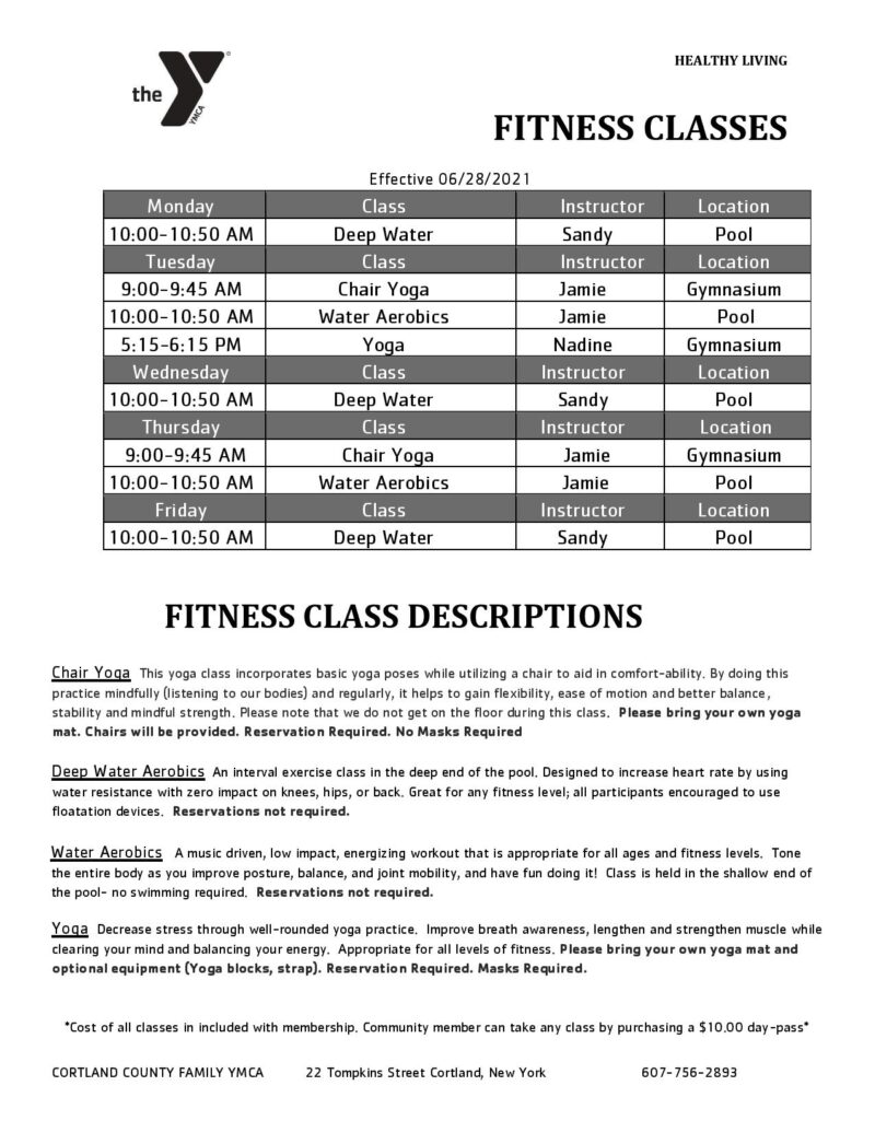 YMCA Fitness Schedules Cortland County Family YMCA YMCA Fitness Schedules Cortland County Family YMCA